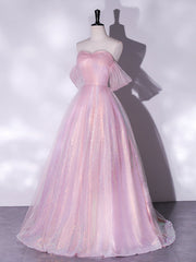 Prom Dresses Guide, A-Line Sweetheart Neck Tulle Sequin Pink Long Prom Dress, Pink Tulle Formal Dress