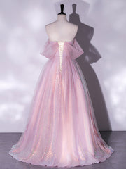 Prom Dress Guide, A-Line Sweetheart Neck Tulle Sequin Pink Long Prom Dress, Pink Tulle Formal Dress