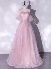 Prom Dresses Chiffon, A-Line Sweetheart Neck Tulle Sequin Pink Long Prom Dress, Pink Tulle Formal Dress