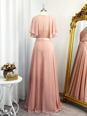 Bridesmaid Dresses Fall Wedding, A-line Sweetheart Short Sleeves Ruffles Floor-Length Chiffon Dress
