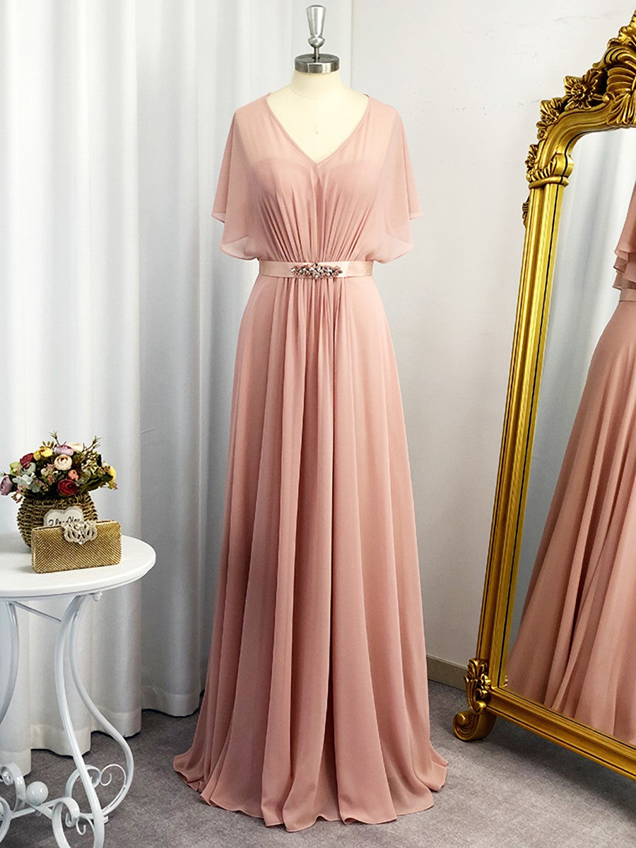 Bridesmaid Dress Spring, A-line Sweetheart Short Sleeves Ruffles Floor-Length Chiffon Dress