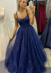 Bridesmaid Propos, A-line Sweetheart Spaghetti Straps Long/Floor-Length Tulle Glitter Prom Dress