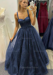 Bridesmaid Dresses Modest, A-line Sweetheart Spaghetti Straps Long/Floor-Length Tulle Glitter Prom Dress
