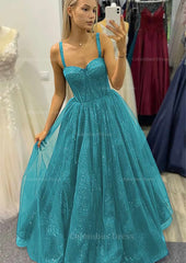 Country Wedding, A-line Sweetheart Spaghetti Straps Long/Floor-Length Tulle Glitter Prom Dress