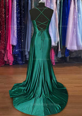 Prom Gown, A-line Sweetheart Spaghetti Straps Sweep Train Silk like Satin Ruched Prom Dress