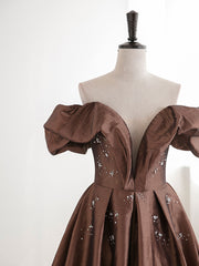 Graduation Dress, A-Line Tea length Brown Prom dresses, Off Shoulder Brown Formal Dress with Beading