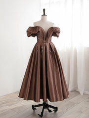 Green Prom Dress, A-Line Tea length Brown Prom dresses, Off Shoulder Brown Formal Dress with Beading