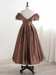 Graduation Outfit Ideas, A-Line Tea length Brown Prom dresses, Off Shoulder Brown Formal Dress with Beading