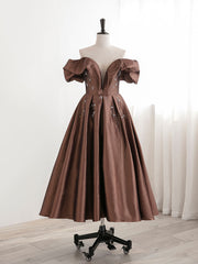 Party Dress, A-Line Tea length Brown Prom dresses, Off Shoulder Brown Formal Dress with Beading