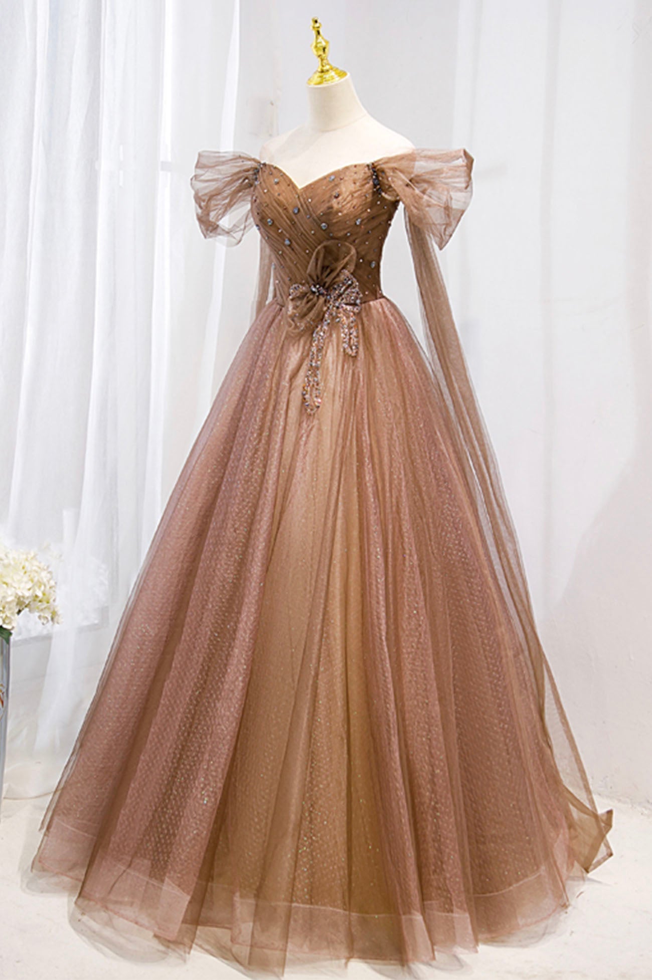 Prom Dresses Pieces, A-Line Tulle Beaded Long Formal Dress, Off the Shoulder Evening Dress
