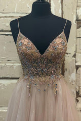 Bridesmaide Dress Colors, A-Line Tulle Beaded Long Prom Dress, Cute V-Neck Evening Party Dress