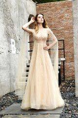 Green Prom Dress, A-Line Tulle Beading Handwork Long Sleeves Prom Dresses