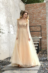 Graduation Outfit Ideas, A-Line Tulle Beading Handwork Long Sleeves Prom Dresses