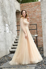 Cocktail Dress, A-Line Tulle Beading Handwork Long Sleeves Prom Dresses