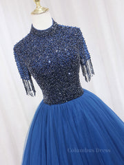 Prom Dresses 2025 Black, A-Line Tulle Blue Long Prom Dress, Blue Formal Evening Dress with Beading