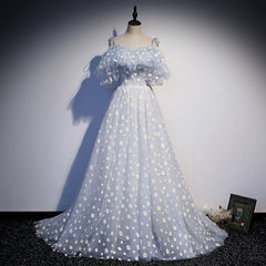 Prom Dress Cute, A-line Tulle Blue Off Shoulder Prom Dresses, Long Evening Dresses Party Dresses