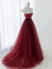 Prom Dress 2028, A-Line Tulle Burgundy Long Prom Dress, Burgundy Formal Evening Dress