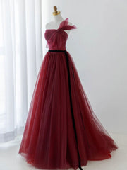 Prom Dressed 2028, A-Line Tulle Burgundy Long Prom Dress, Burgundy Formal Evening Dress