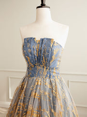 Prom Dress Inspiration, A-Line Tulle Gold/Blue Long Prom Dress, Blue Formal Evening Dress