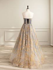 Prom Dress Shopping, A-Line Tulle Gold/Blue Long Prom Dress, Blue Formal Evening Dress