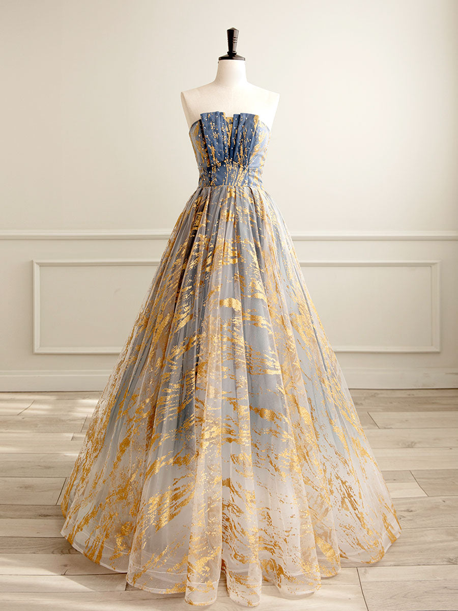 Prom Dress 2033, A-Line Tulle Gold/Blue Long Prom Dress, Blue Formal Evening Dress