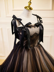 Prom Dress Champagne, A-Line Tulle Lace Black Long Prom Dress, Black Formal Evening Dresses