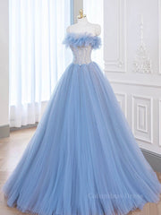 Gold Prom Dress, A-Line Tulle Lace Blue Long Prom Dress, Blue Lace Long Formal Dress