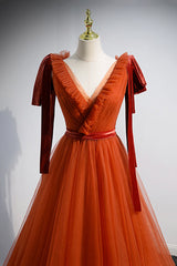 Prom Dresses Off The Shoulder, A-Line Tulle Long Prom Dress, Orange V-Neck Long Simple Evening Dress