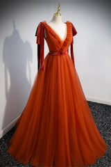Prom Dresses Beautiful, A-Line Tulle Long Prom Dress, Orange V-Neck Long Simple Evening Dress