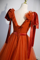 Prom Dress Classy, A-Line Tulle Long Prom Dress, Orange V-Neck Long Simple Evening Dress