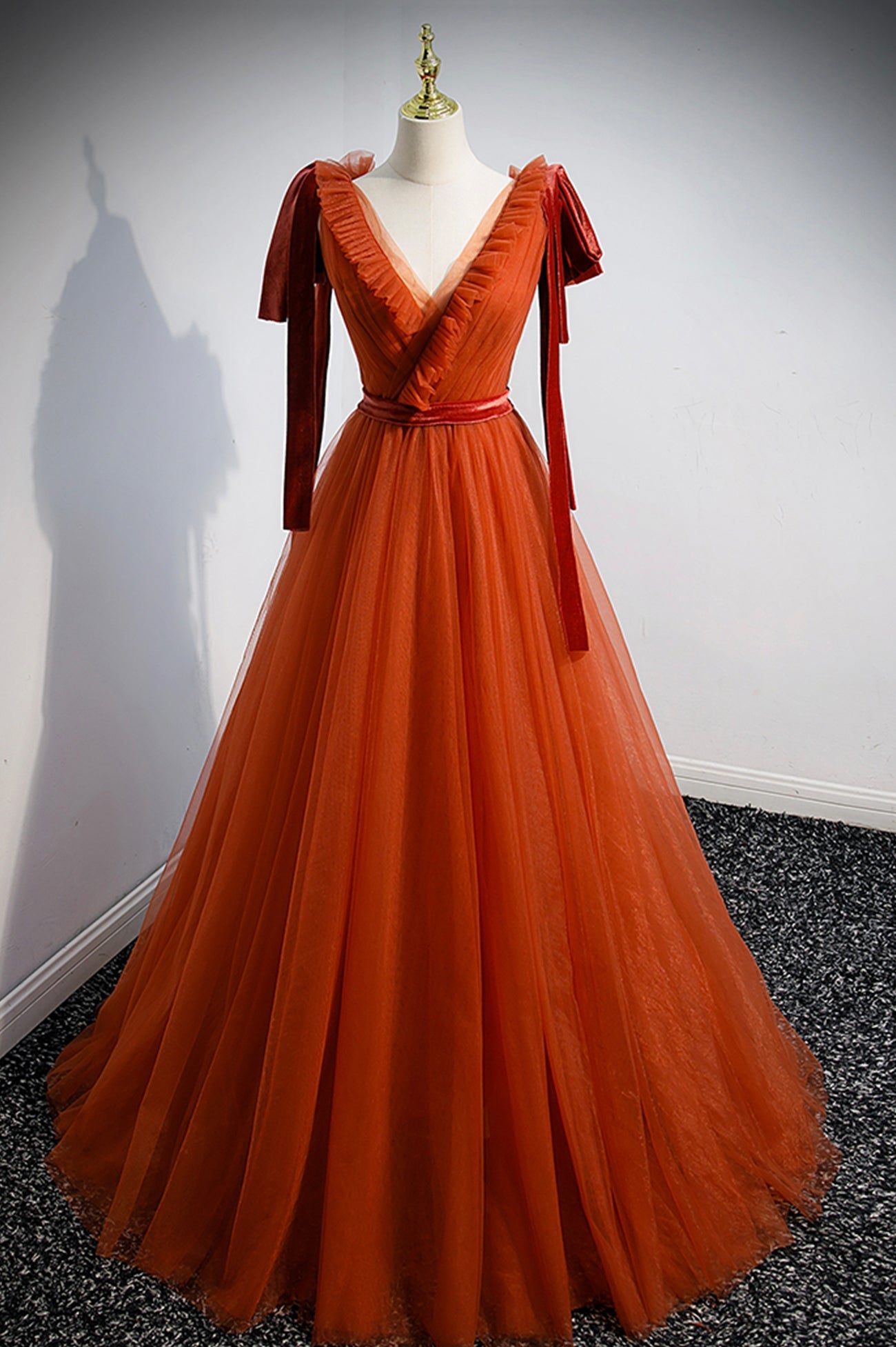 Prom Dresses 2031, A-Line Tulle Long Prom Dress, Orange V-Neck Long Simple Evening Dress