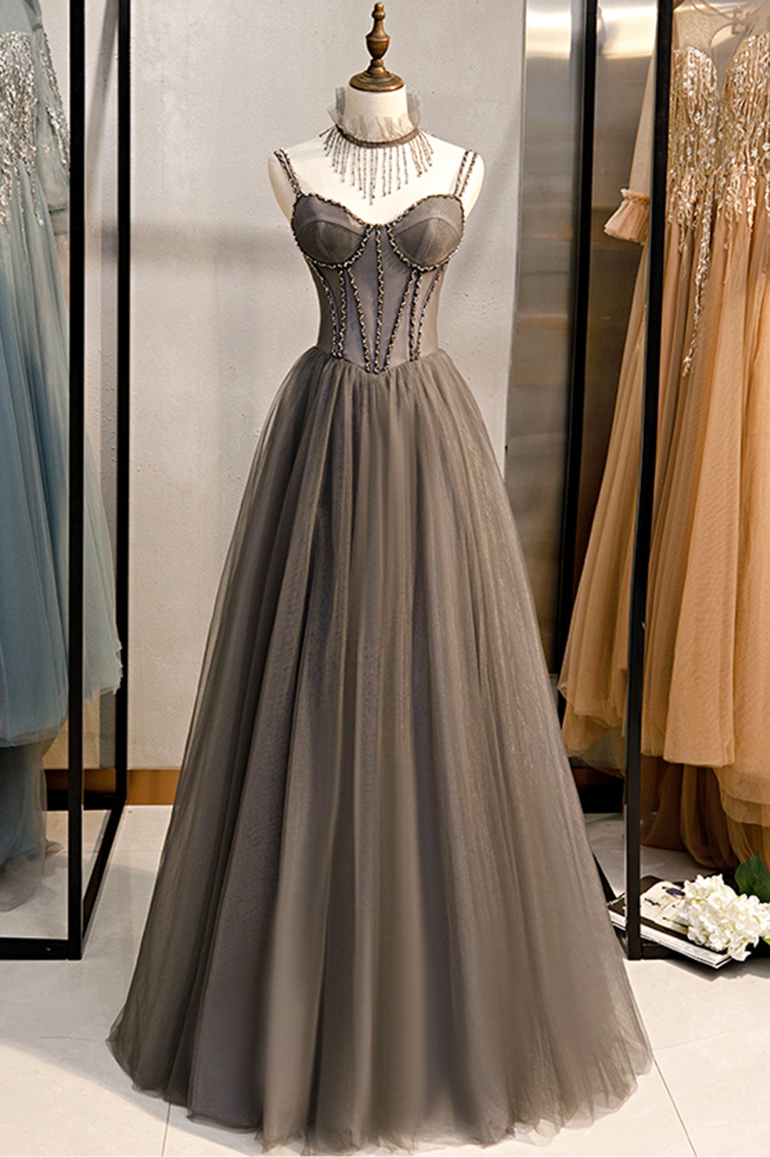 Bridesmaid Dress Styles, A-Line Tulle Long Prom Dress with Beading, Cute Evening Party Dress