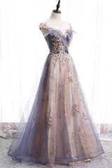 Bridesmaids Dresses Fall, A-Line Tulle Long Prom Dress with Sequins, Cute Scoop Neckline Evening Dress