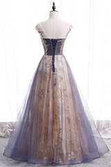 Bridesmaides Dresses Fall, A-Line Tulle Long Prom Dress with Sequins, Cute Scoop Neckline Evening Dress