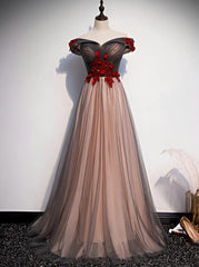 Formal Dresses For Wedding Guest, A-line Tulle Ruched Embellished Prom Dress, Long Party Dress