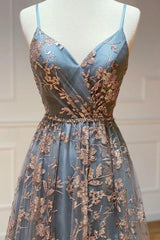 Bridesmaids Dress Colors, A-Line Tulle Sequins Long Prom Dress, V-Neck Backless Evening Dress