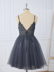 Light Blue Prom Dress, A-line Tulle V-neck Beading Short/Mini Dress