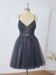 Fairytale Dress, A-line Tulle V-neck Beading Short/Mini Dress