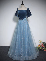 Evening Dress Online, A-Line Tulle Velvet Blue Long Prom Dress, Blue Tulle Formal Dress