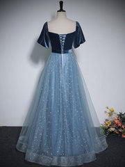 Evening Dress Cheap, A-Line Tulle Velvet Blue Long Prom Dress, Blue Tulle Formal Dress