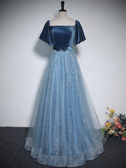 Evenning Dresses Long, A-Line Tulle Velvet Blue Long Prom Dress, Blue Tulle Formal Dress