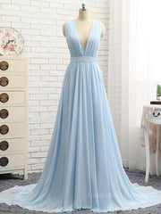 Bridesmaid Dresses Different Style, A Line V Neck and V Back Sky Blue Chiffon Long Prom Dresses, V Neck Blue Formal Dresses, Blue Evening Dresses