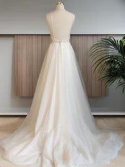 Wedding Dresses Gowns, A-line V-neck Applique Sweep Train Tulle Wedding Dress