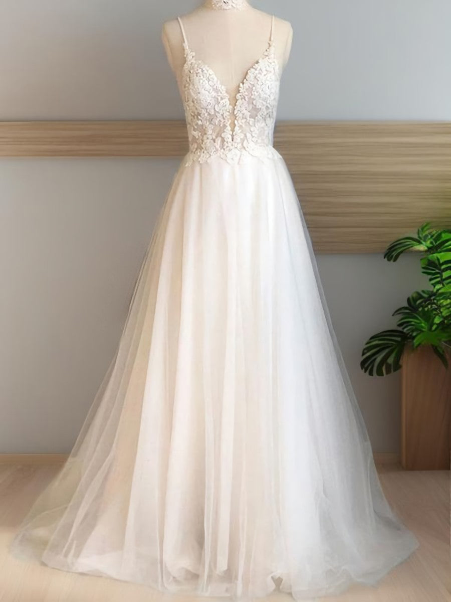 Wedding Dress Gowns, A-line V-neck Applique Sweep Train Tulle Wedding Dress