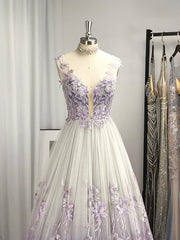 Bridesmaids Dress Affordable, A-line V-neck Appliques Lace Floor-Length Tulle Dress
