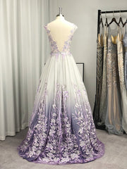 Bridesmaids Dresses Cheap, A-line V-neck Appliques Lace Floor-Length Tulle Dress