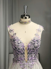Bridesmaid Dress Cheap, A-line V-neck Appliques Lace Floor-Length Tulle Dress