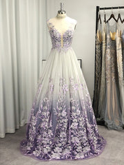 Bridesmaid Dress Affordable, A-line V-neck Appliques Lace Floor-Length Tulle Dress