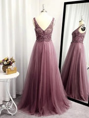Bridesmaid Dress Inspo, A-line V-neck Appliques Lace Floor-Length Tulle Dress