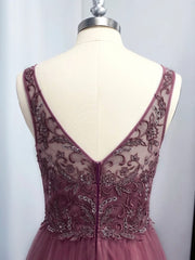 Bridesmaid Dress Mismatched, A-line V-neck Appliques Lace Floor-Length Tulle Dress